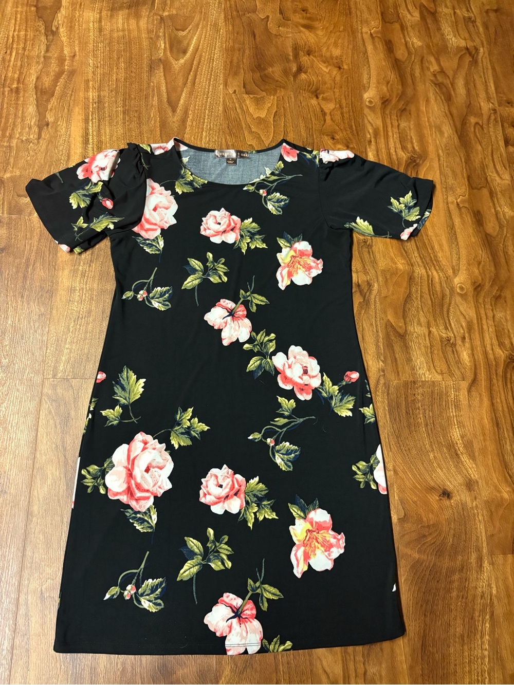 Black Mini Dress with Pink Rose Print